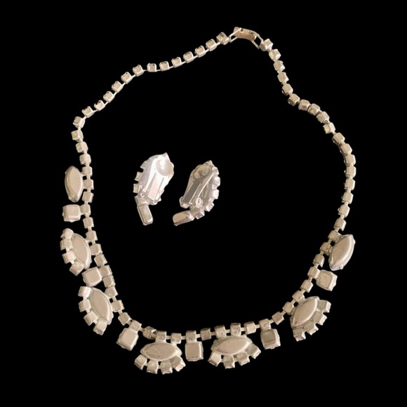 Vintage 1950s Silver Tone Blue Demi Parure‎ Set Choker Necklace & Earrings - Picture 7 of 7